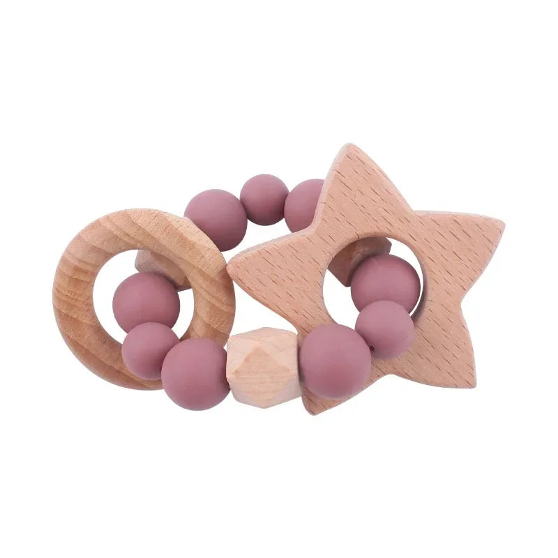 1-2pcs Baby Pacifier Clip Wooden Teethers Bracelet Set Cartoon Star Cloud Cat Silicone Beads Babies Teething Toy Anti-lost Chain