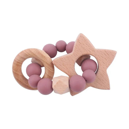 1-2pcs Baby Pacifier Clip Wooden Teethers Bracelet Set Cartoon Star Cloud Cat Silicone Beads Babies Teething Toy Anti-lost Chain