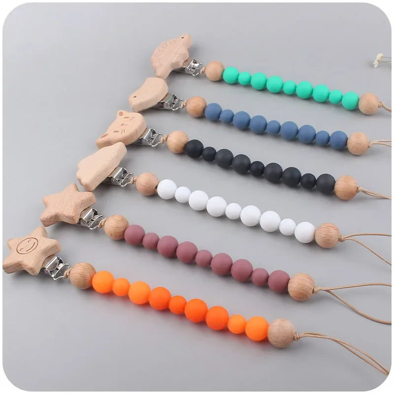 1-2pcs Baby Pacifier Clip Wooden Teethers Bracelet Set Cartoon Star Cloud Cat Silicone Beads Babies Teething Toy Anti-lost Chain