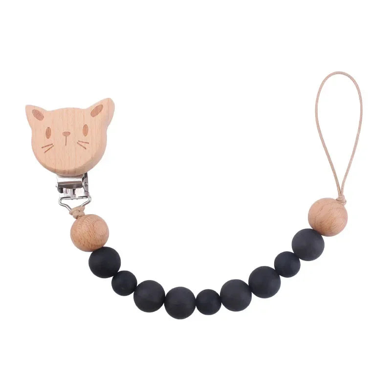 1-2pcs Baby Pacifier Clip Wooden Teethers Bracelet Set Cartoon Star Cloud Cat Silicone Beads Babies Teething Toy Anti-lost Chain