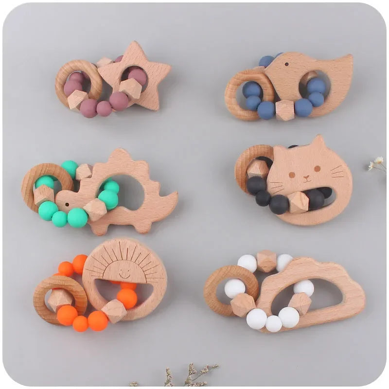 1-2pcs Baby Pacifier Clip Wooden Teethers Bracelet Set Cartoon Star Cloud Cat Silicone Beads Babies Teething Toy Anti-lost Chain