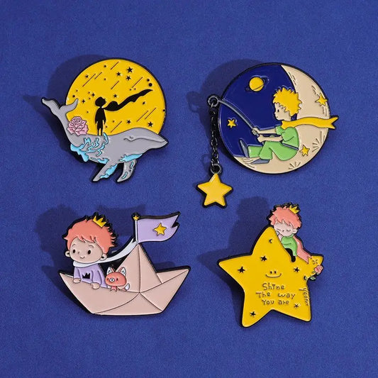 1-4 piezas de dibujos animados lindos de El Principito, estrella, cuento de hadas, aguja para el pecho, luna, hermoso emblema, rosa, decoración del universo 