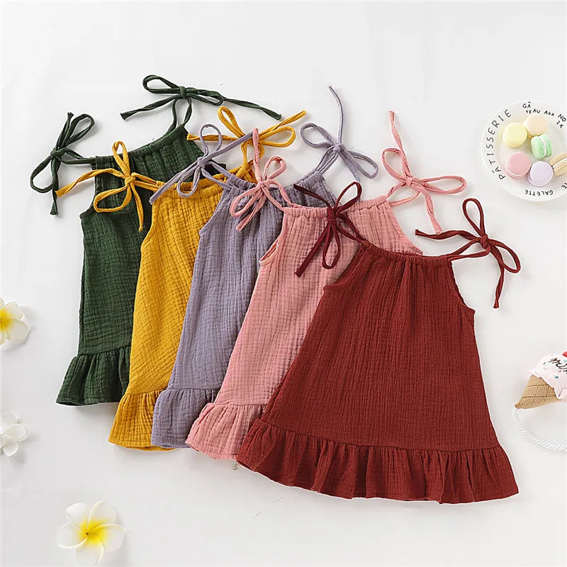 1-5 Years Old Kid Girl Summer Breathable Cotton Slip Dress Adjustable  Solid Color Halter Dress Toddler Girl Holiday Beachwea Leedoar