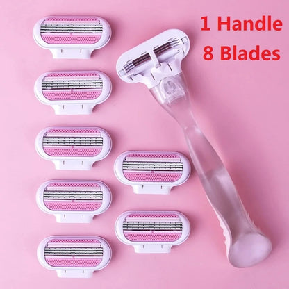 1 Handle + 4/8 Blades Women Safety Razor Blades Face/ Leg/ Armpit/ Bikini Beauty Hair Removal Shaving Compatible Venus Shaver