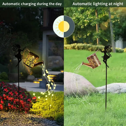 1 PC Solar Watering Can Lights, Outdoor Waterfall Garden String Fairy Lights, Solar Kettle Projection Light Leedoar