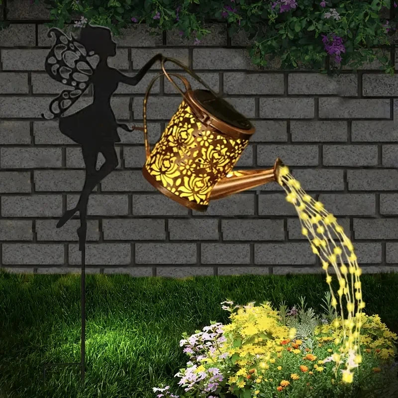 1 PC Solar Watering Can Lights, Outdoor Waterfall Garden String Fairy Lights, Solar Kettle Projection Light Leedoar