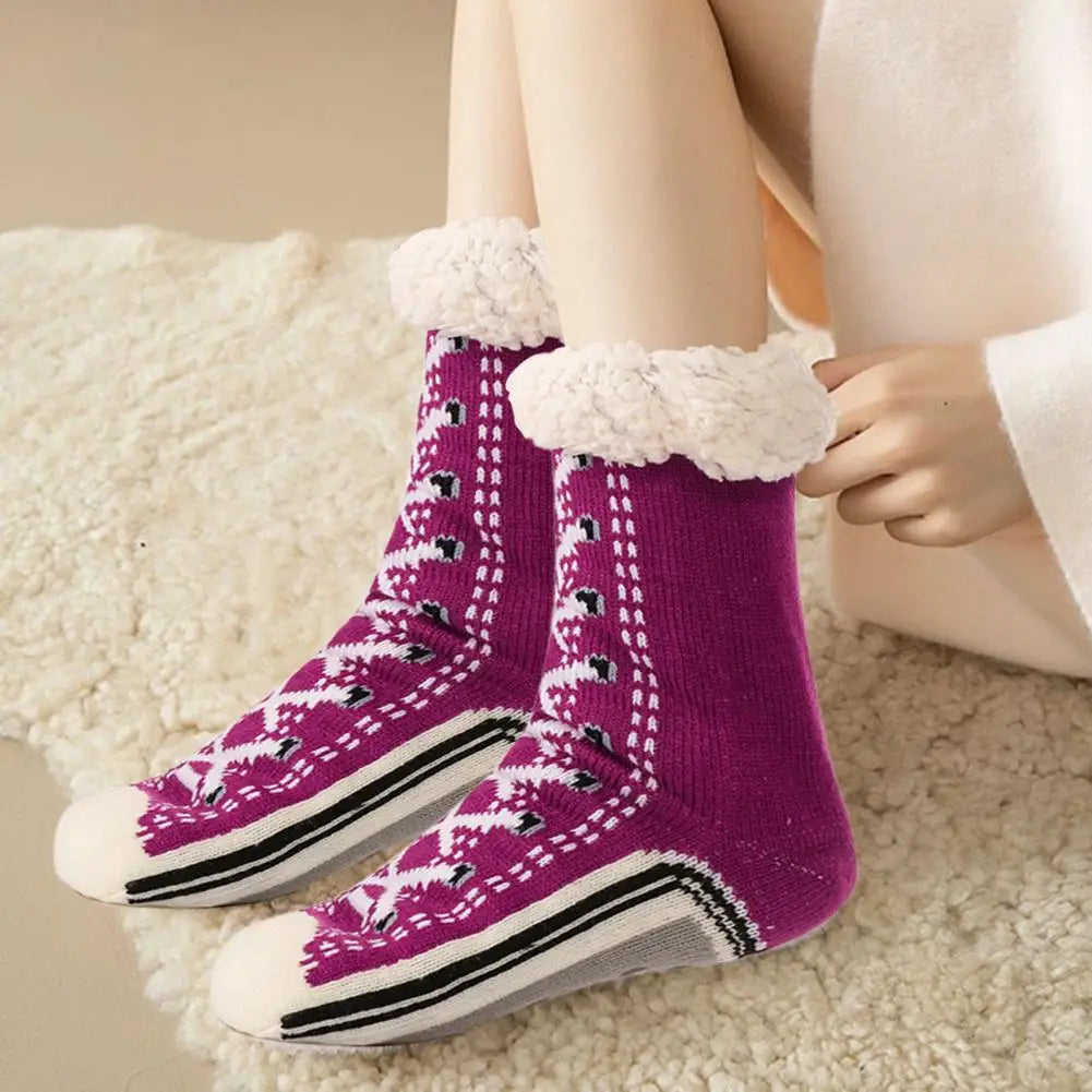 1 Pair Winter Socks Shoes Pattern Plush-lined Warmth Retention Christmas High-tube Socks Leg Warmer Fall Winter Floor Socks Holi