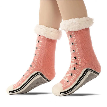 1 Pair Winter Socks Shoes Pattern Plush-lined Warmth Retention Christmas High-tube Socks Leg Warmer Fall Winter Floor Socks Holi