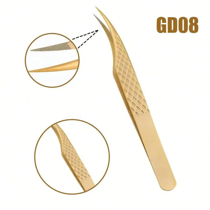 1 Pcs Fiber Tips Eyelash Tweezers for Extension Golden Stainless Steel High Precision Tweezer for Volume Fans Professional Tools Leedoar