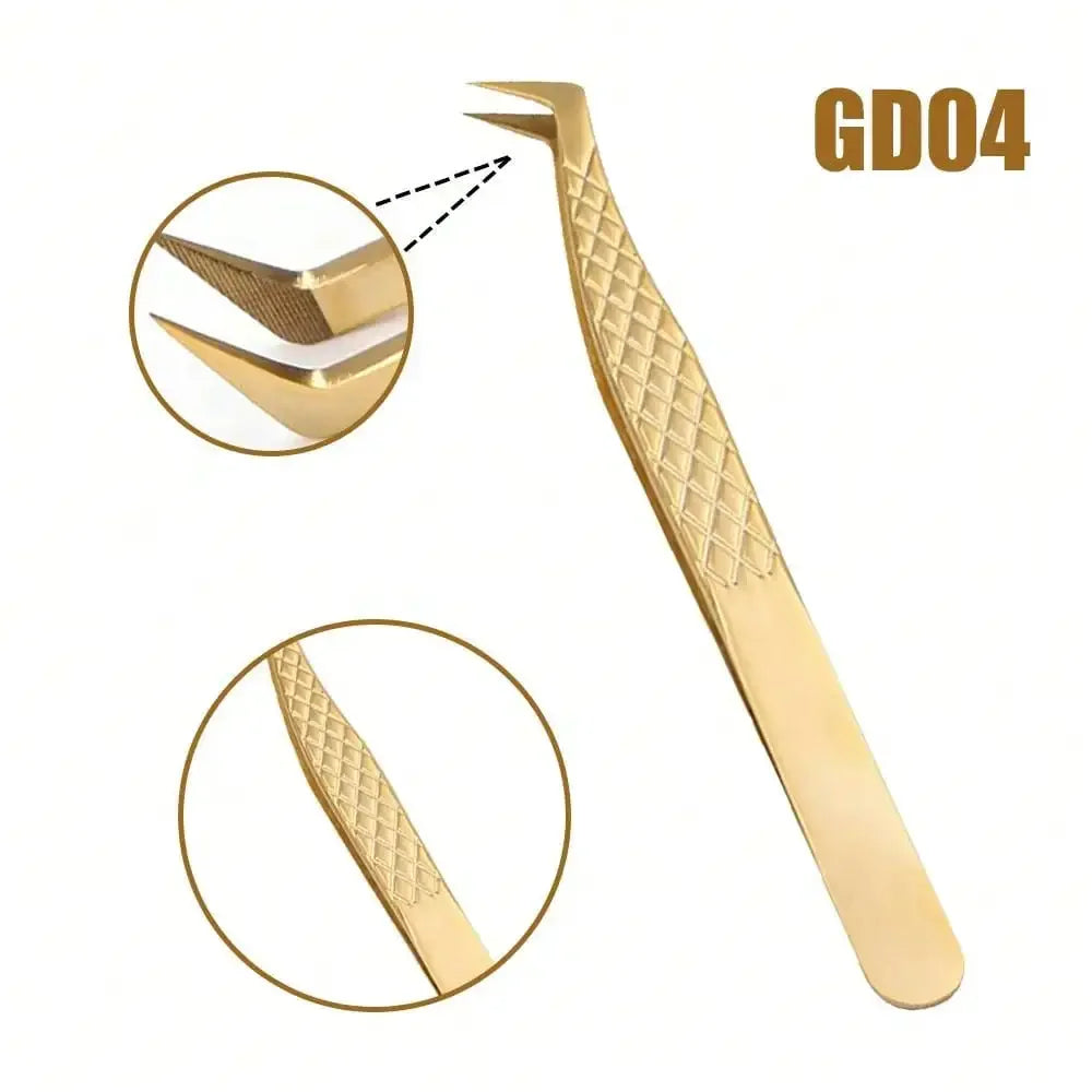 1 Pcs Fiber Tips Eyelash Tweezers for Extension Golden Stainless Steel High Precision Tweezer for Volume Fans Professional Tools Leedoar