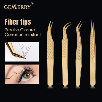 1 Pcs Fiber Tips Eyelash Tweezers for Extension Golden Stainless Steel High Precision Tweezer for Volume Fans Professional Tools Leedoar