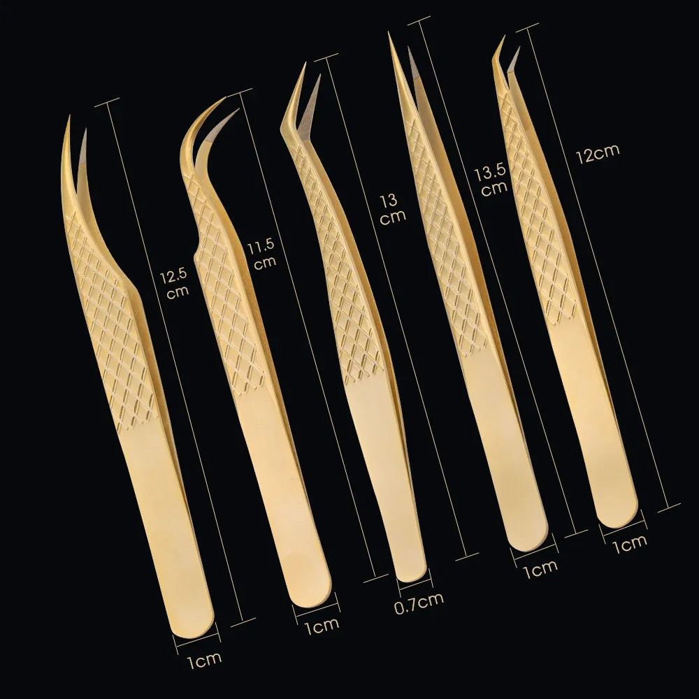 1 Pcs Fiber Tips Eyelash Tweezers for Extension Golden Stainless Steel High Precision Tweezer for Volume Fans Professional Tools Leedoar