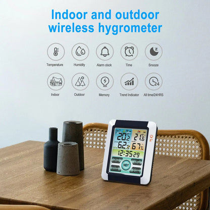 1 Set Indoor and Outdoor Wireless Temperature and Humidity Meter Color Large Screen Weather Clock LCD Touch Screen Display