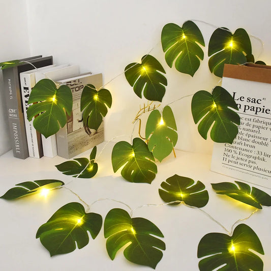 10/20LEDs Turtle Leaves Light String Green Leaf Vine Garland Lamp Fake Plant For Home Decor Hawaii Wedding Jungle Party Supplies Leedoar