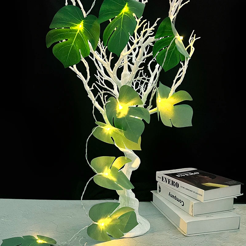 10/20LEDs Turtle Leaves Light String Folha Verde Videira Guirlanda Lâmpada Planta Falsa Para Decoração de Casa Casamento Havaí Selva Festa Suprimentos 