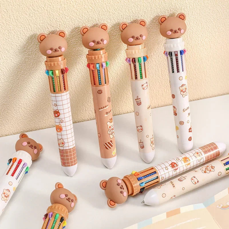 Bolígrafo de gel de tinta de colores de 10 colores con forma de oso de dibujos animados de 0,5 mm, bolígrafos de silicona Kawaii, material de oficina escolar, papelería coreana 