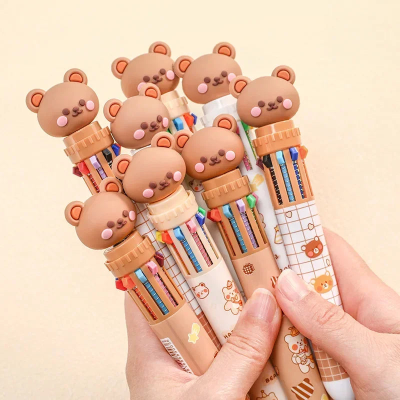 Caneta esferográfica de 10 cores, desenho de urso, 0,5 mm, canetas de gel coloridas de tinta, canetas de silicone kawaii, material de escritório escolar, papelaria coreana 