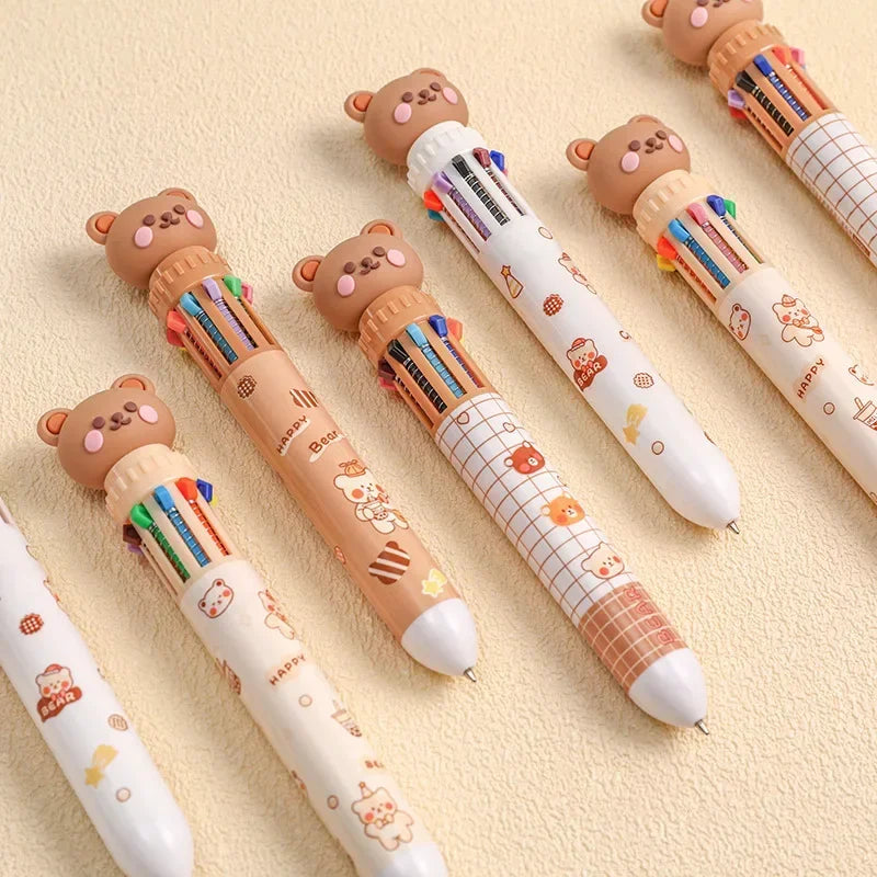 Caneta esferográfica de 10 cores, desenho de urso, 0,5 mm, canetas de gel coloridas de tinta, canetas de silicone kawaii, material de escritório escolar, papelaria coreana 