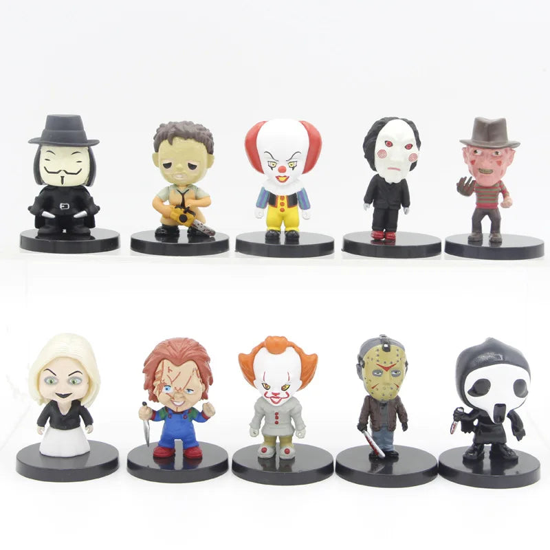 10 Pieces / Set Horror Film Series Jason Freddy Clown Action Figure Toys PVC Model Halloween Gift Vinyl Figurine Doll Gift Leedoar