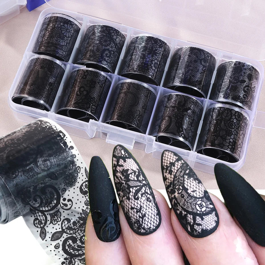 10 Rolls/Box White Black Lace Nail Art Foils Set Nail Transfer Sticker Paper DIY Manicure Nail Decoration Accessories Leedoar