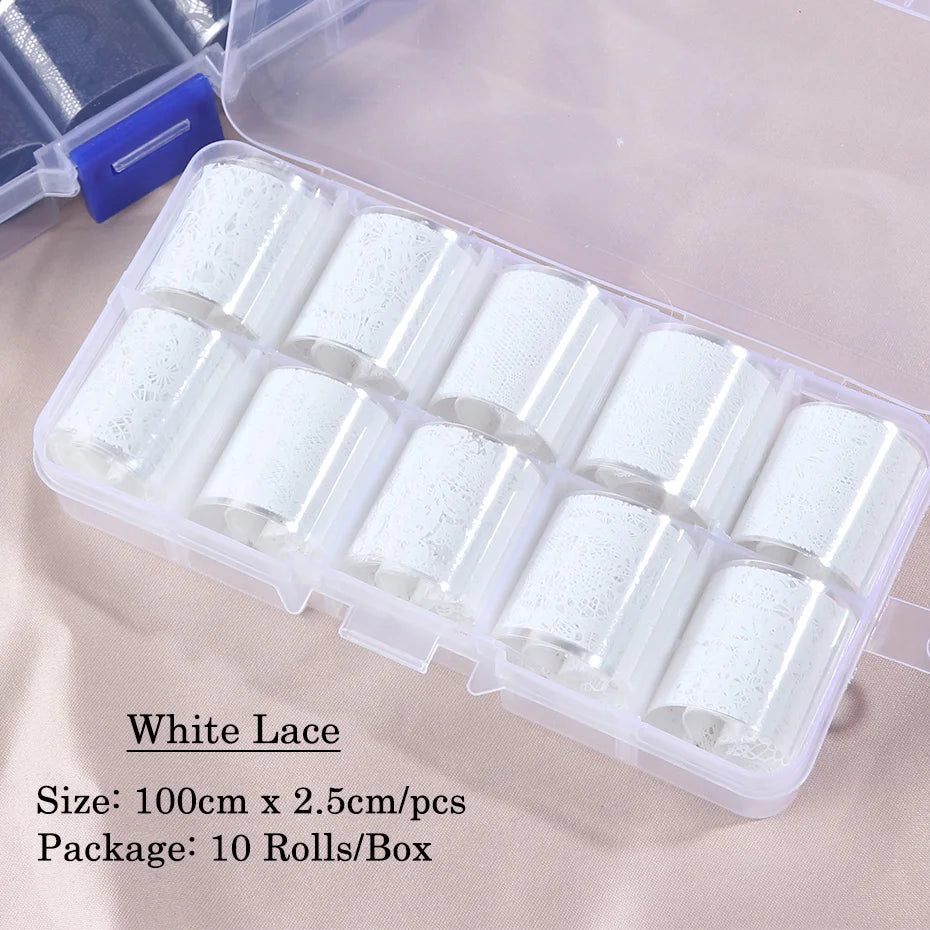 10 Rolls/Box White Black Lace Nail Art Foils Set Nail Transfer Sticker Paper DIY Manicure Nail Decoration Accessories Leedoar