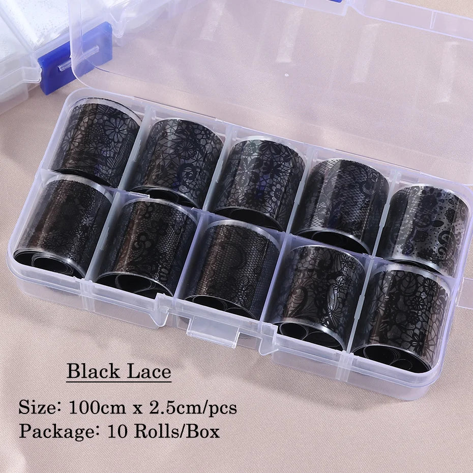 10 Rolls/Box White Black Lace Nail Art Foils Set Nail Transfer Sticker Paper DIY Manicure Nail Decoration Accessories Leedoar