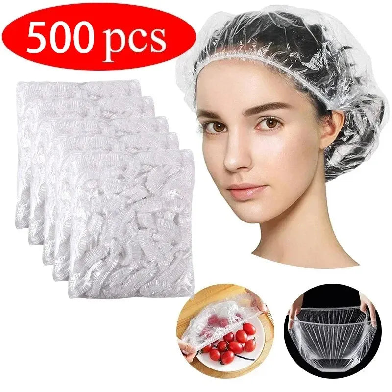 100/200/500/1000 piezas Gorro de ducha desechable para extensión de cabello Gorro de ducha de belleza transparente Gorro de baño de malla elástica impermeable 