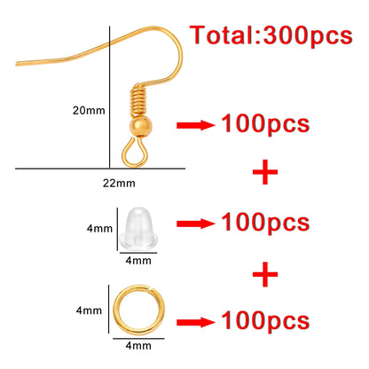 Lote de 100-300 piezas de ganchos para pendientes hipoalergénicos, alambres para orejas de varios colores, anzuelos de pescado, anillos de salto abiertos, tapones para los oídos para hacer joyas DIY