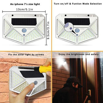 Lámpara de pared solar con 100 LED, luz de pared con sensor de movimiento luminoso en todos los lados, inducción humana, para patio, impermeable, IP65, para exteriores 