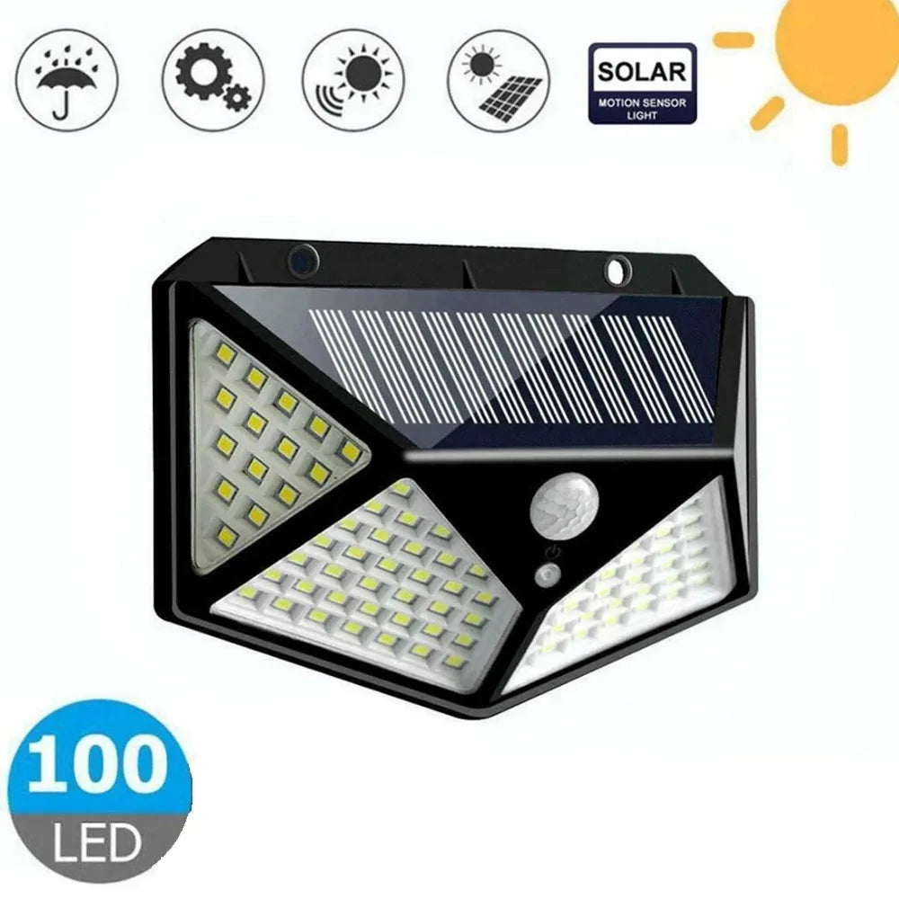 Lámpara de pared solar con 100 LED, luz de pared con sensor de movimiento luminoso en todos los lados, inducción humana, para patio, impermeable, IP65, para exteriores 