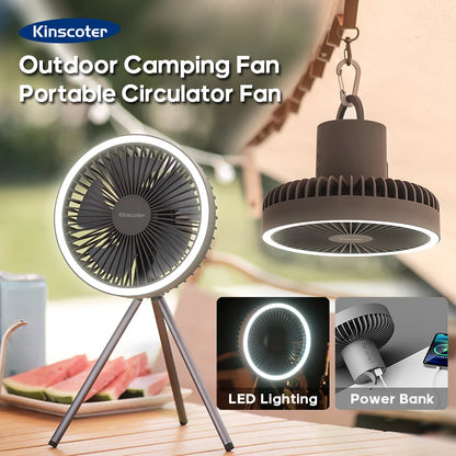 Ventilador de acampamento 10000mAh 4000mAh recarregável de mesa portátil circulador ventilador elétrico de teto sem fio com banco de energia iluminação LED 