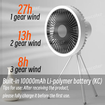 Ventilador de acampamento 10000mAh 4000mAh recarregável de mesa portátil circulador ventilador elétrico de teto sem fio com banco de energia iluminação LED 