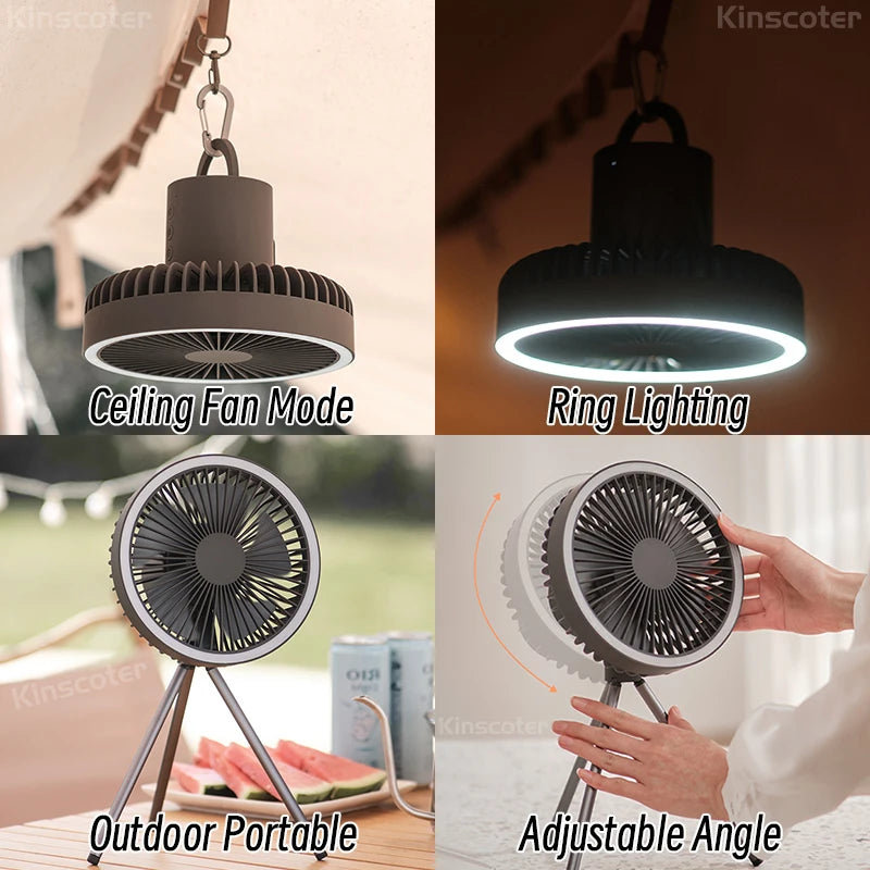 Ventilador de acampamento 10000mAh 4000mAh recarregável de mesa portátil circulador ventilador elétrico de teto sem fio com banco de energia iluminação LED 