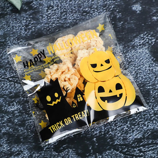 100Pcs - Sacos autoadesivos para doces de Halloween, sacos de embalagem para biscoitos, floco de neve, fantasma, festa de abóbora, saco autovedante para assar