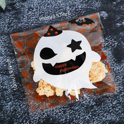 100Pcs -Halloween Candy Self-adhesive Bags Pumpkin Party Ghost Snowflake Cookie Packaging Bags Baking Self-sealing Bag Leedoar