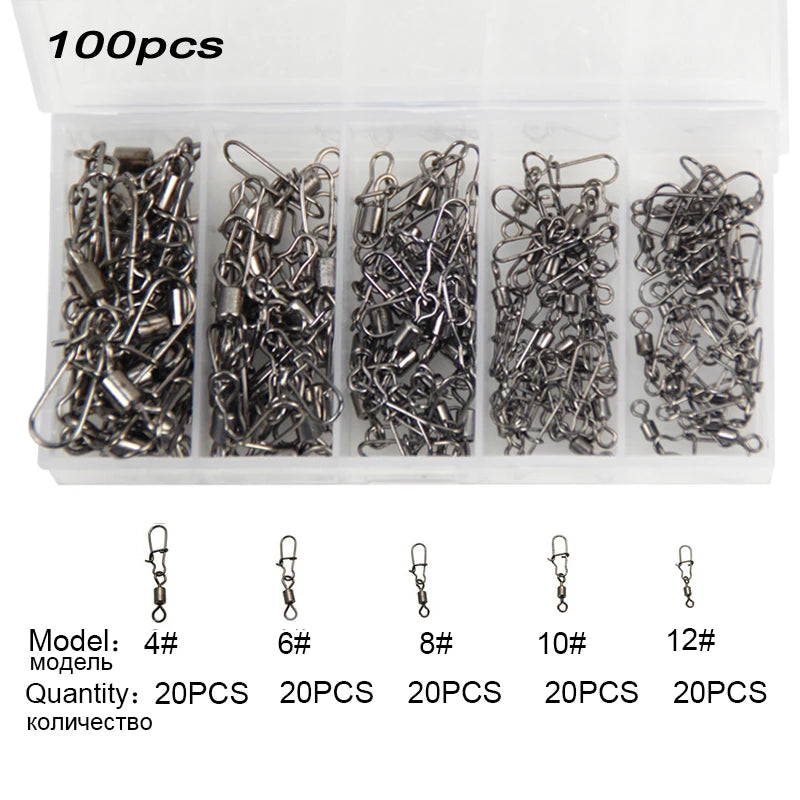 100pc/box Stainless Steel Fishing Connector Pin 4# 6# 8#10#12#  Bearing Rolling Swivel with Snap Fishhook Lure Accessories PJ202 Leedoar