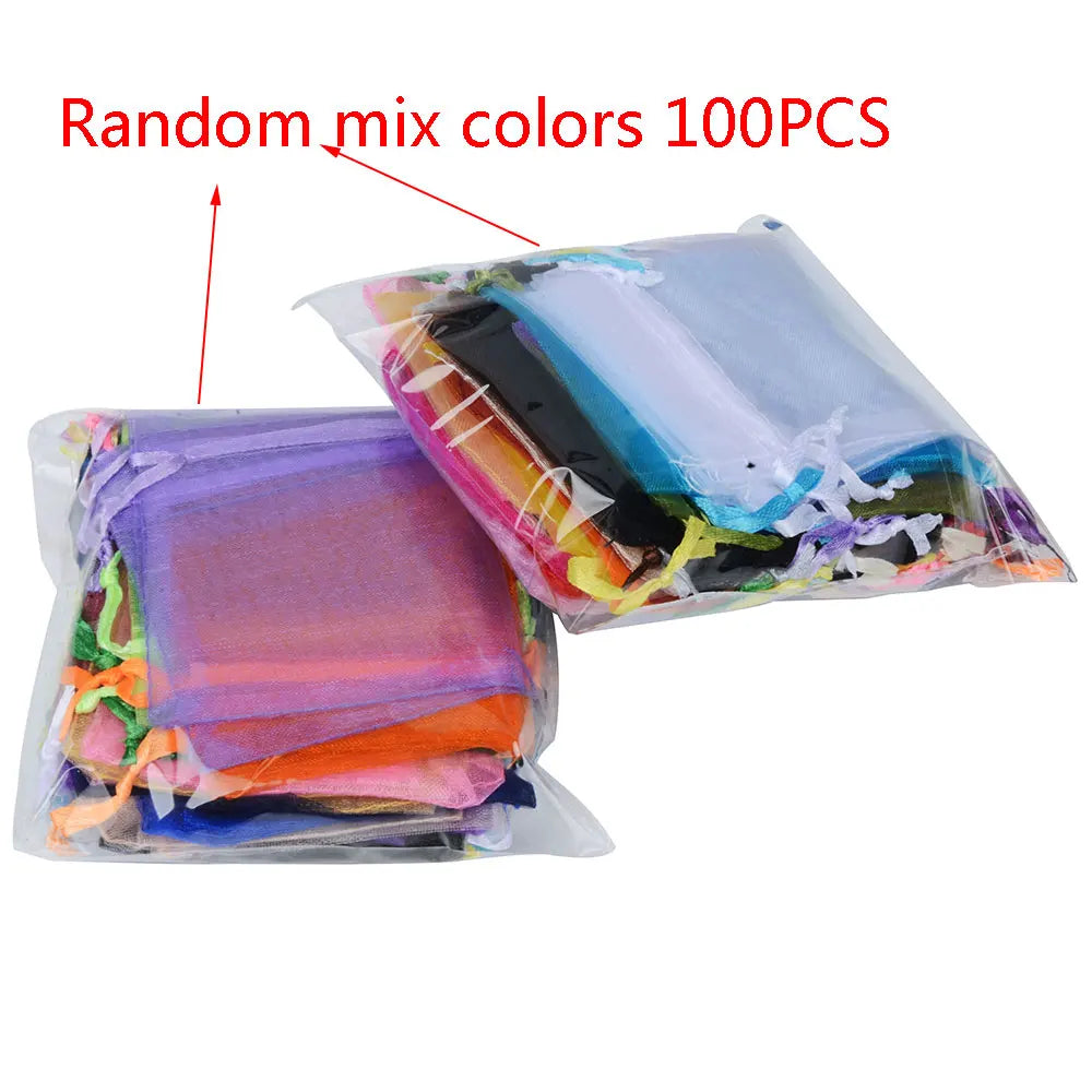 100 piezas 24 colores bolsa de embalaje de joyería 5*7 7*9 9*12 10*15 cm bolsas de organza almacenamiento de regalo bolsas de cordón de boda al por mayor 