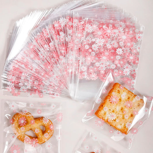 100pcs Plastic Packing Bags Flower Self-Adhesive Bags for Biscuits Candy Cookies Jewelry Gift Packaging Leedoar