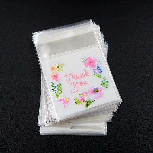 100pcs/lot Plastic Bags Thank you Flower Self-Adhesive Bags for Homemade Cookie Party Gifts Bag DIY Jewelry Packaging Bag Leedoar