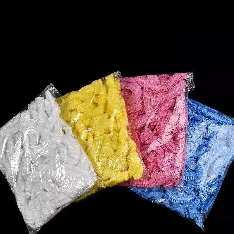 100pcs/set Disposable Plastic Shower Hair Cap Women Waterproof Pink Spa Salon Hotel Hair Dye Elastic Shower Cap Bathroom Leedoar