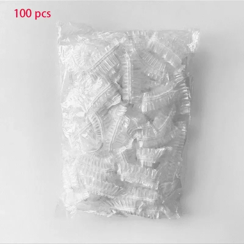 100pcs/set Disposable Plastic Shower Hair Cap Women Waterproof Pink Spa Salon Hotel Hair Dye Elastic Shower Cap Bathroom Leedoar