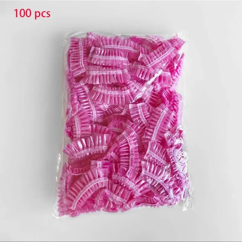 100pcs/set Disposable Plastic Shower Hair Cap Women Waterproof Pink Spa Salon Hotel Hair Dye Elastic Shower Cap Bathroom Leedoar