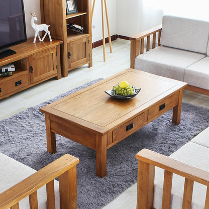 Solid Wood Furniture, White Oak Coffee Table with Drawers, Corner Table with Mortise and Tenon Structure, European Style Living Room Furniture