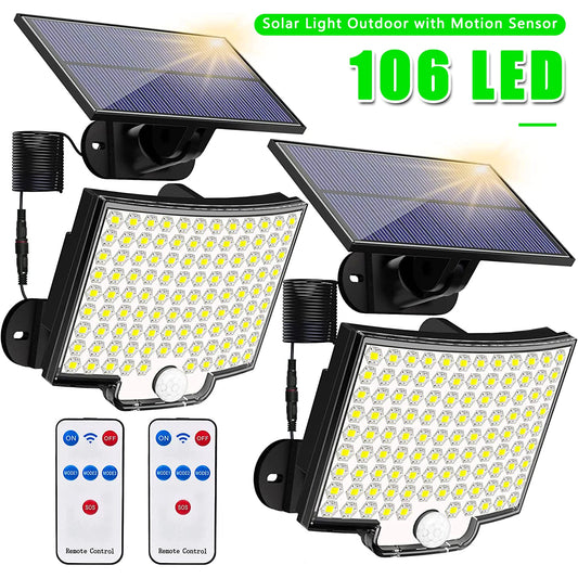 Lámpara solar de 106 LED para exteriores, resistente al agua, con sensor de movimiento, control remoto, 3 modos para patio, garaje y patio trasero 