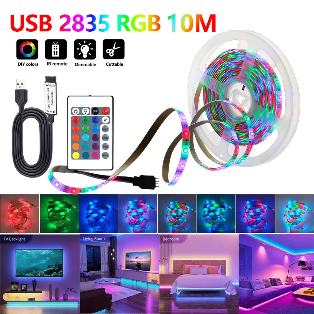 10M USB 2835 LED Strip Light RGB Remote Control Lights Flexible Lamp Tape Ribbon TV Desktop Screen Back Light Diode Tape 10M USB