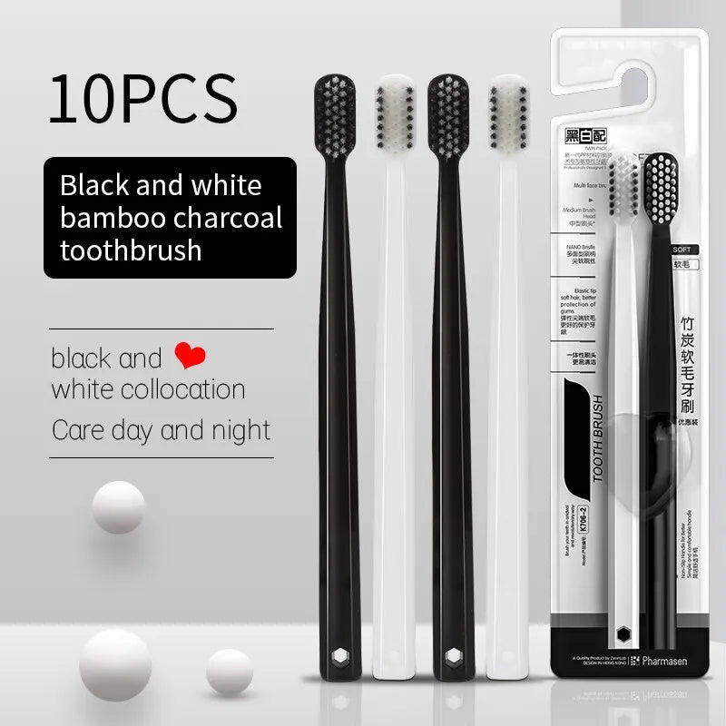 10PC Bamboo Charcoal Brush Silk Soft Bristle Toothbrushes, Black and White MEN'S AND WOMEN'S Adult Toothbrushes, Family Set Leedoar