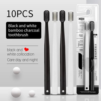 10PC Bamboo Charcoal Brush Silk Soft Bristle Toothbrushes, Black and White MEN'S AND WOMEN'S Adult Toothbrushes, Family Set Leedoar