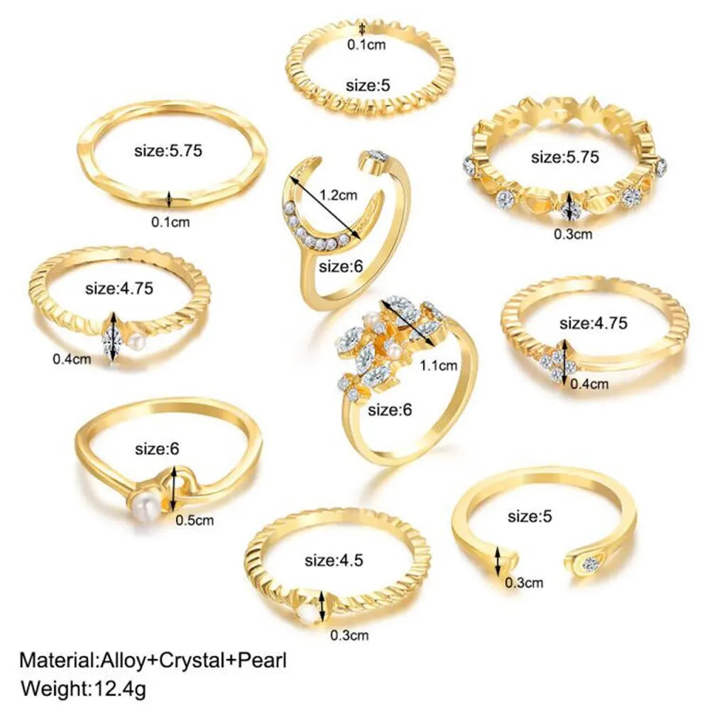 Juego de 10 anillos para mujer, cadena de color dorado, estilo bohemio, moneda, serpiente, luna, estrella, fiesta, tendencia, regalo, joyería 