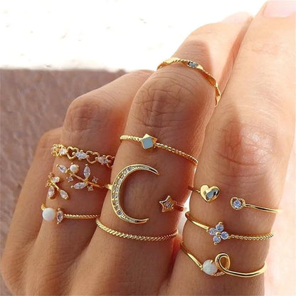 Juego de 10 anillos para mujer, cadena de color dorado, estilo bohemio, moneda, serpiente, luna, estrella, fiesta, tendencia, regalo, joyería 