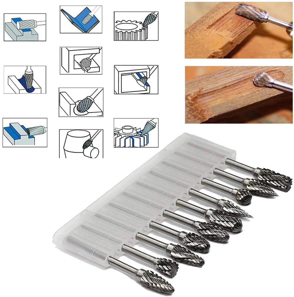 10pc Hard Alloy Rotary File 3*6 Double Grain Tungsten Steel Grind Head Electric Grind Mold Woodwork Grinding File Tool Set